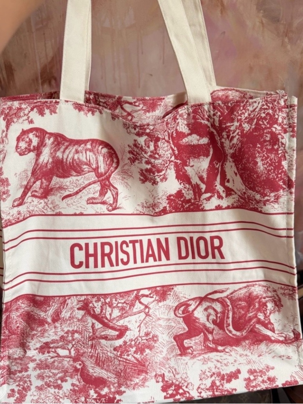 Dior Cream and Red Raffia Tote Bag